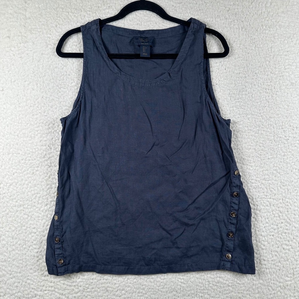 Rachel Rachel Roy Tank Top Womens Linen Side Button L Navy Blue Coastal Minimal